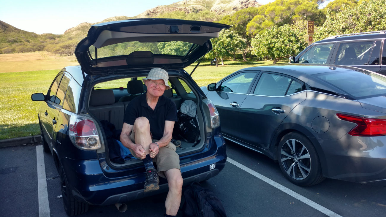 Tim preparing for the hike at Diamond Head, Honolulu.