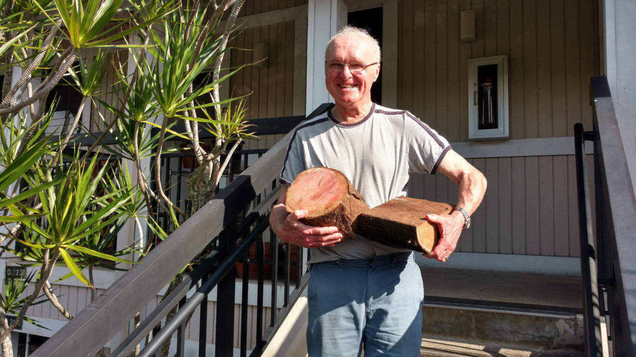 Tim with turning wood <i>Koa</i> & <i>African Mahogany</i> from the Lyon Botanical Garden, Manoa Valley.