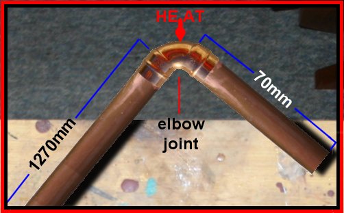 Photo of setup for soldering the elbow to the copper pipes