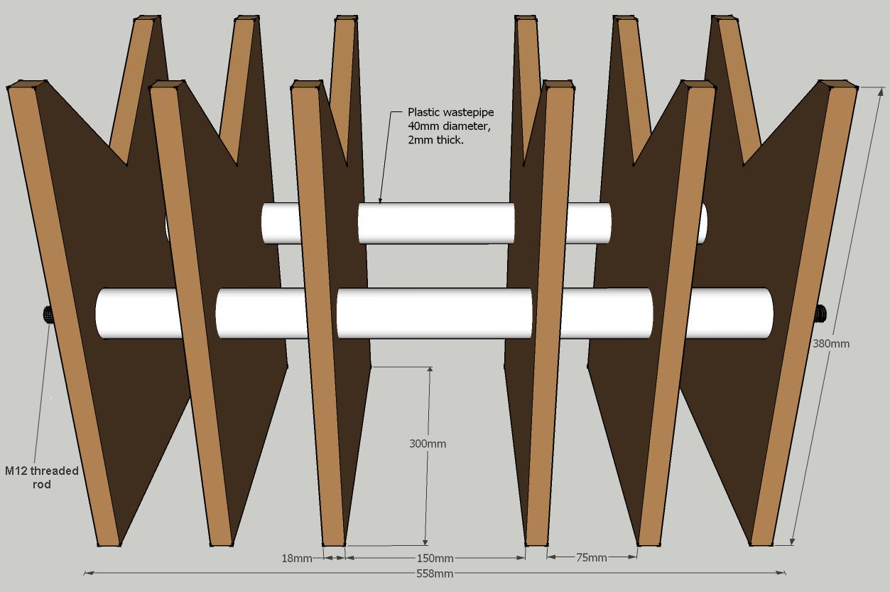 Construction drawing of saw-horse, side view.