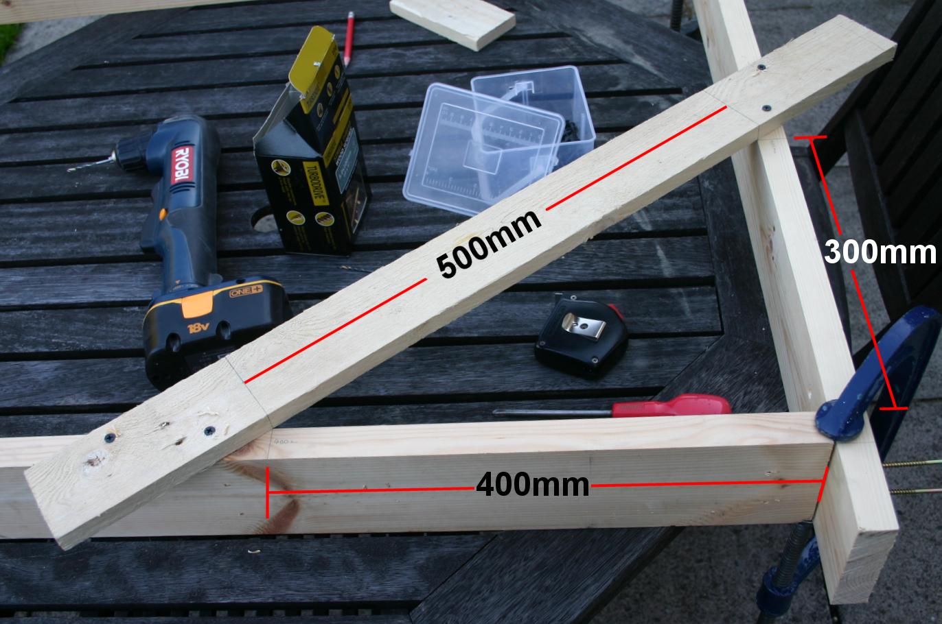 Details of brace holding top and side of frame at right angles.