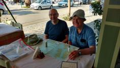 Dave & Tim studying the chart at the morning briefing before departing from Effimia, 9th September, 2018