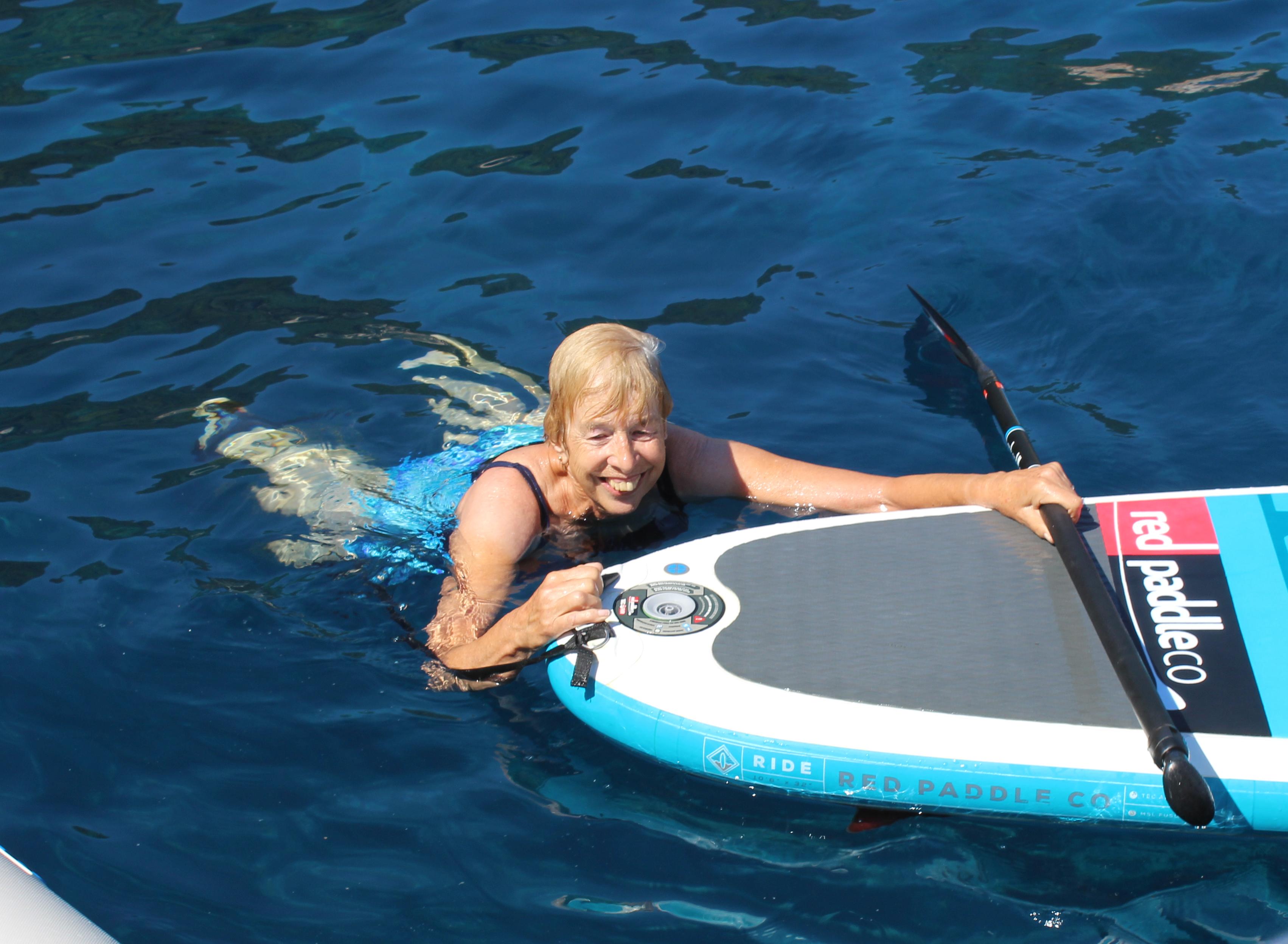 Trish after Paddle-boarding at Pera Pigadhi (Glaros), Ithaca, 13th Sept 2018.