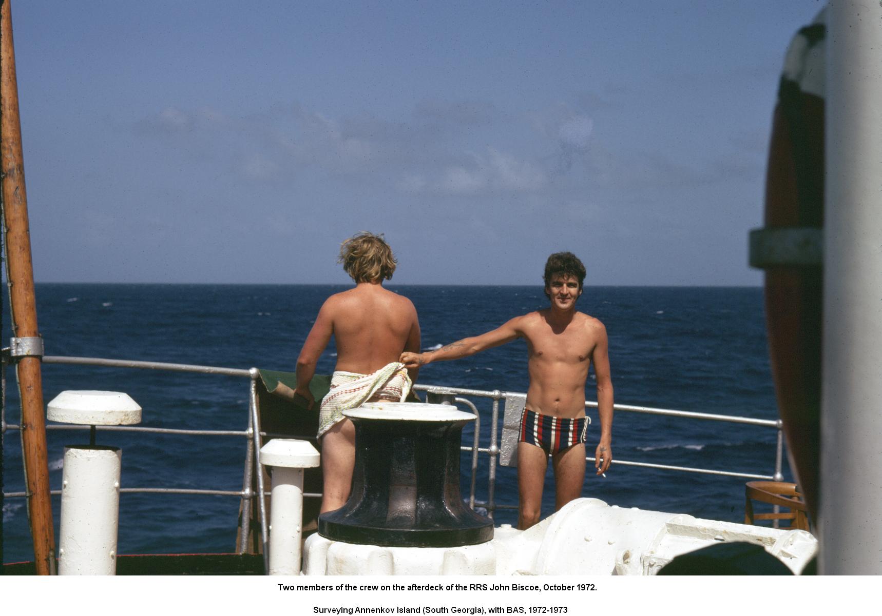 Two of the crew on the aft deck of the RRS John Biscoe, October 1972.