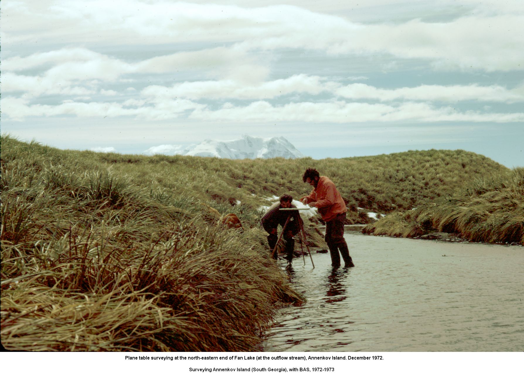 Plane table surveying at the north-eastern end of Fan Lake (at the outflow stream), Annenkov Island. December 1972.