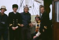 Officers and BAS supernumeraries on the bridge of the RRS John Biscoe, October 1972.