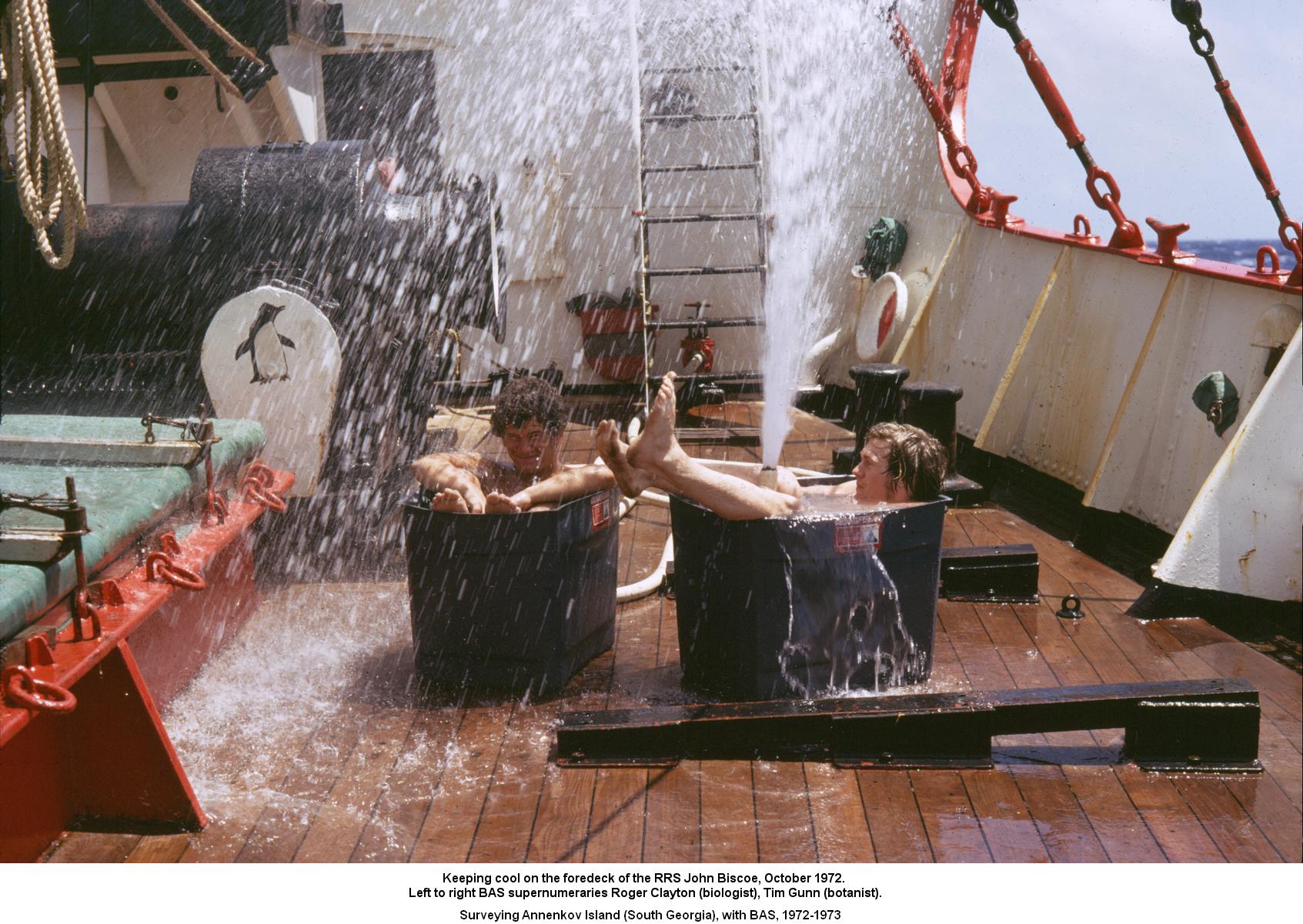 Keeping cool on the foredeck of the RRS John Biscoe, October 1972.