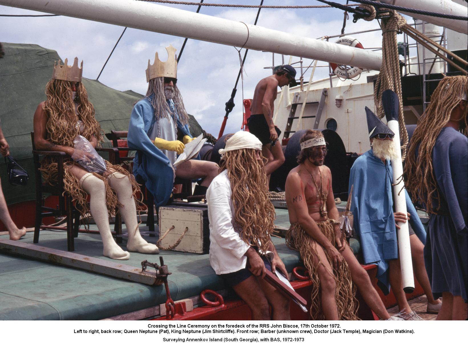 Crossing the Line ceremony on the foredeck of the RRS John Biscoe, 17th October 1972.