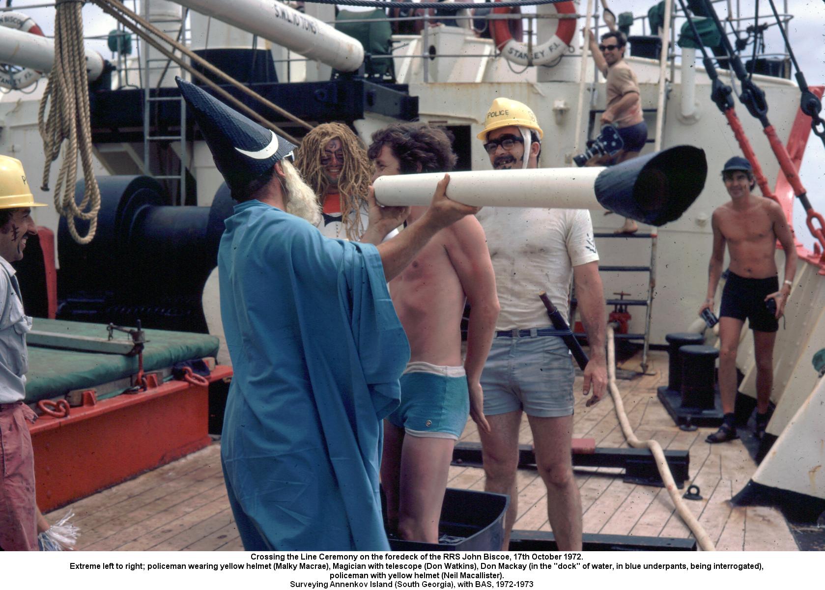 Crossing the Line ceremony on the foredeck of the RRS John Biscoe, 17th October 1972.