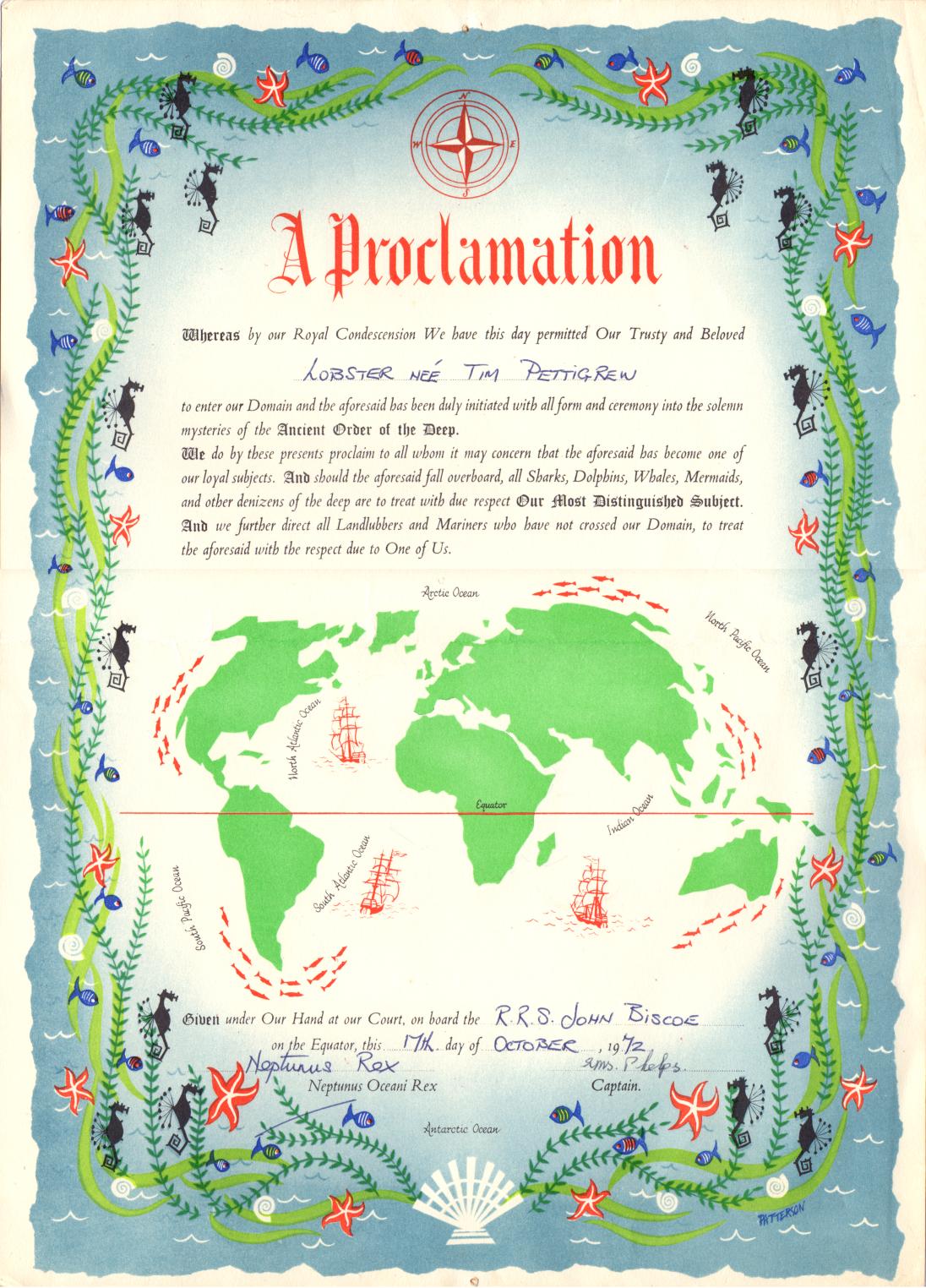 Crossing the Line Certificate issued to Lobster (Neé Tim Pettigrew), 17th October 1972.