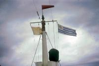 Approaching Montevideo on board the RRS John Biscoe, flying the Uruguayan flag and the yellow 'Q' flag, 26th October 1972.