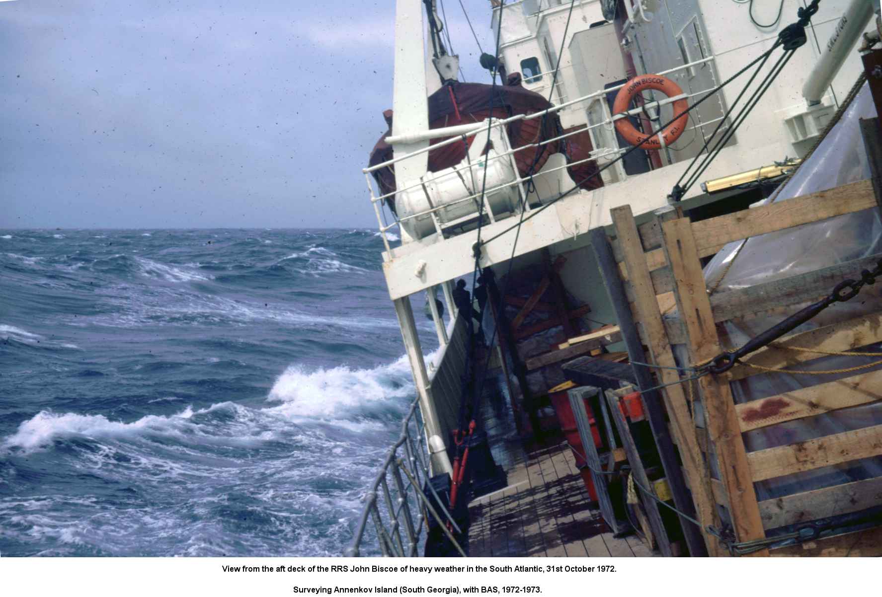 View from the aft deck of the RRS John Biscoe of heavy weather in the South Atlantic, 31st October 1972.