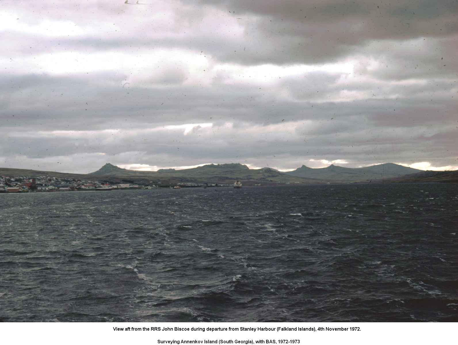 View aft from the RRS John Biscoe during departure from Stanley Harbour (Falkland Islands), 4th November 1972.