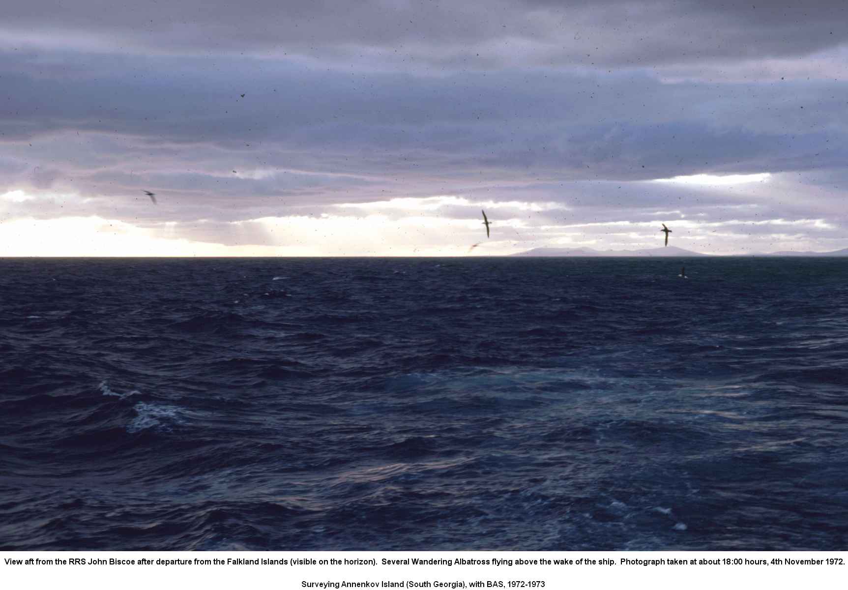 View aft from the RRS John Biscoe after departure from the Falkland Islands (visible on the horizon). 4th November 1972.