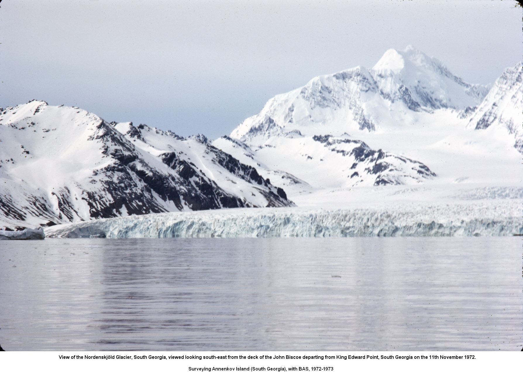 Closer view of the Nordenskjld Glacier, South Georgia, viewed looking south-east from the deck of the John Biscoe departing from King Edward Point, South Georgia on the 11th November 1972.