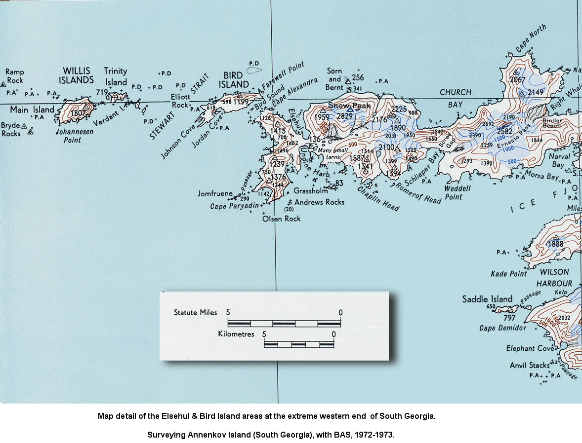 Map detail of the Elsehul & Bird Island areas at the extreme western end  of South Georgia.