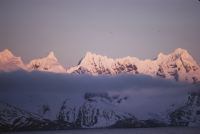 View from the deck of the RRS John Biscoe, looking north-east at the sun-lit peaks of South Georgia, at Queen Maud Bay on the evening of 13th November 1972.