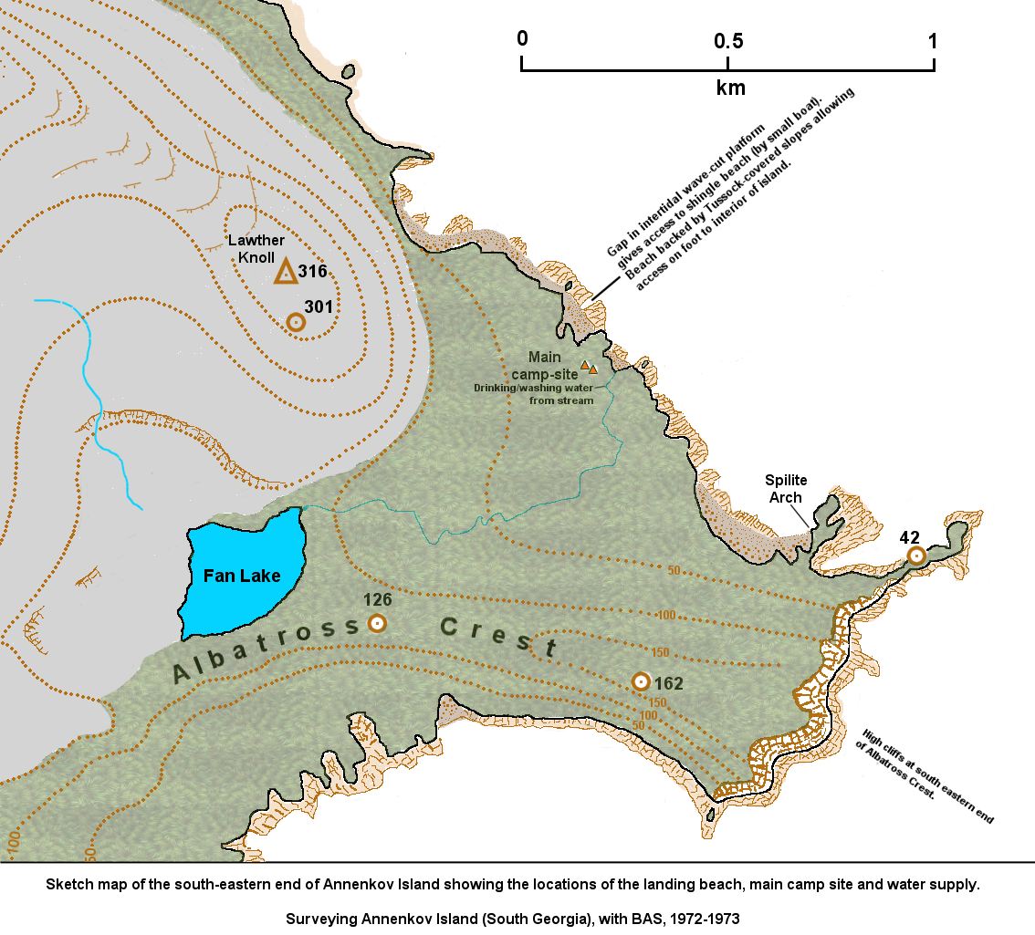 Sketch map of the south-eastern end of Annenkov Island showing the landing beach, main camp site and water supply.