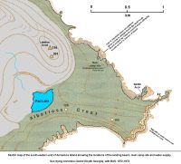 Sketch map of the south-eastern end of Annenkov Island showing the landing beach, main camp site and water supply.