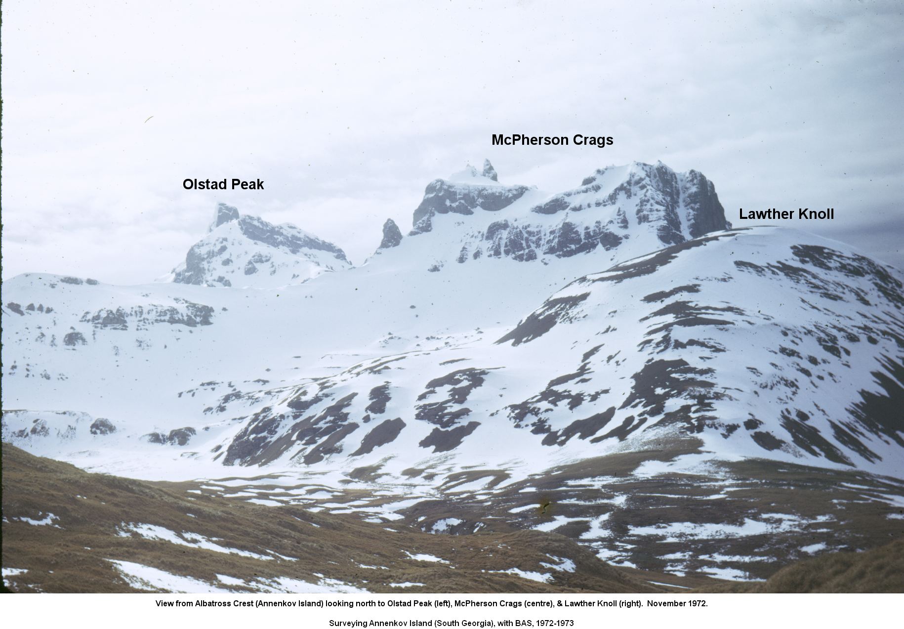 View from Albatross Crest (Annenkov Island) looking north to Olstad Peak (left), McPherson Crags (centre), & Lawther Knoll (right).  November 1972.