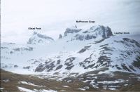 View from Albatross Crest (Annenkov Island) looking north to Olstad Peak (left), McPherson Crags (centre), & Lawther Knoll (right). November 1972.