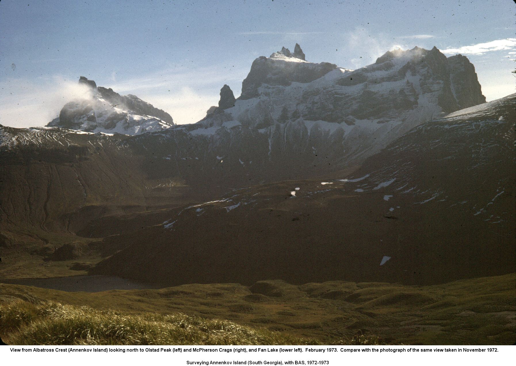 View from Albatross Crest (Annenkov Island) looking north to Olstad Peak (left) and McPherson Crags (right), and Fan Lake (lower left).  February 1973.  Compare with the photograph of the same view taken in November 1972.