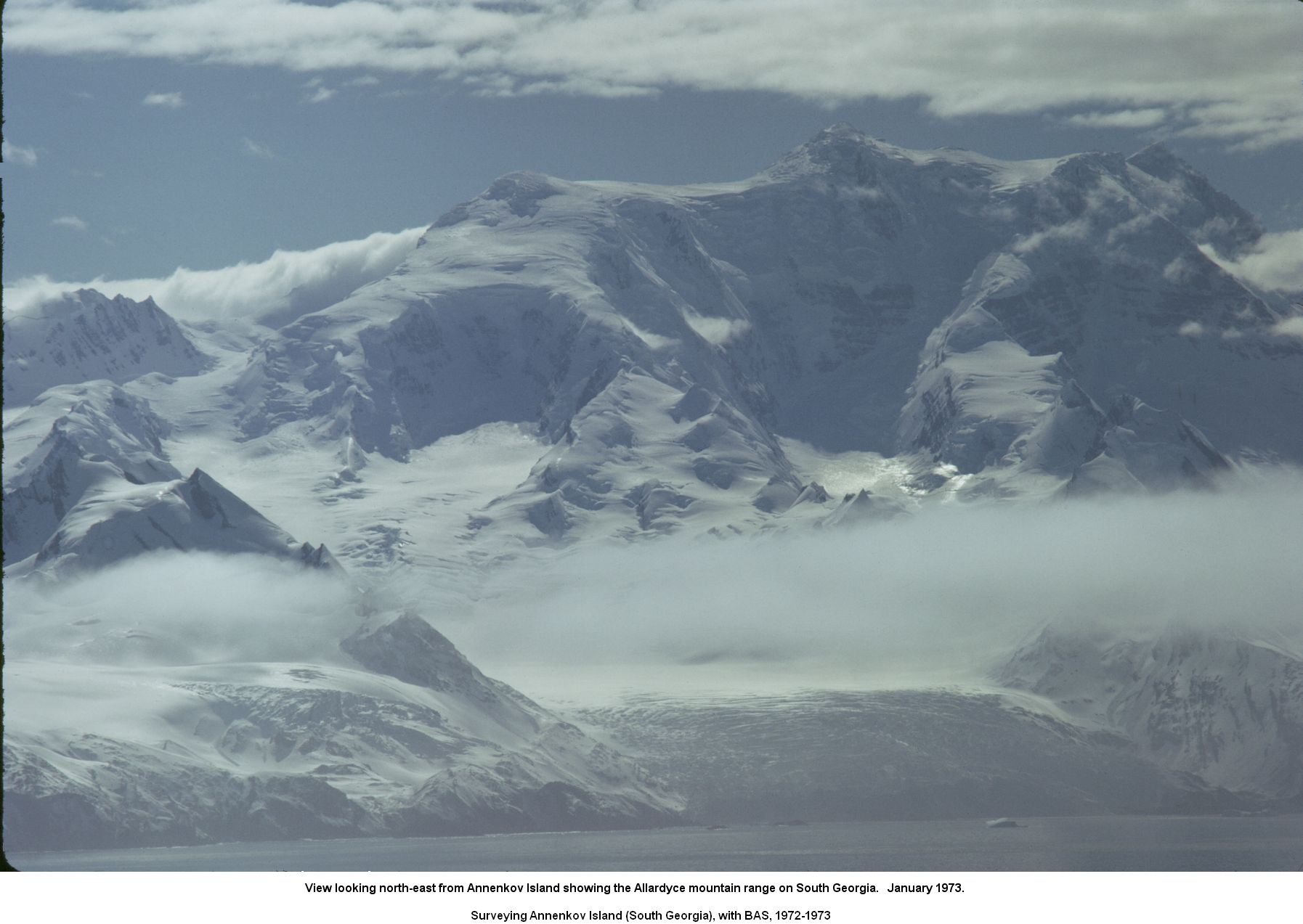 View looking north-east from Annenkov Island showing the Allardyce mountain range on South Georgia.   January 1973.